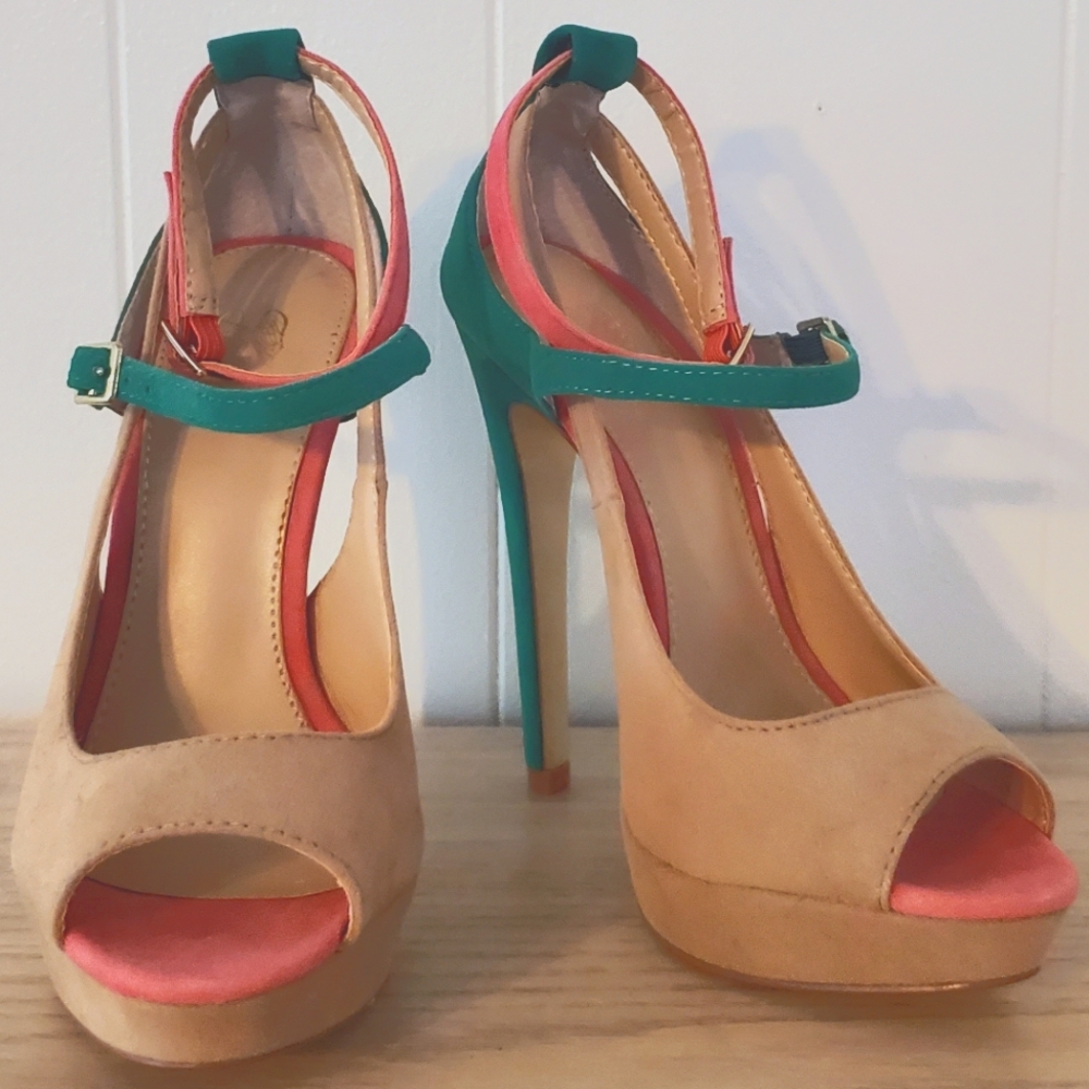 Victoria's Secret pink, teal and tan high heel stiletto sandals. Size 5.